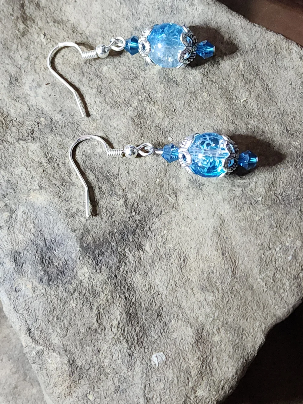 Hand Crafted Dangle Earrings With Crackled Blue & Clear Beads - Picture 5 of 9